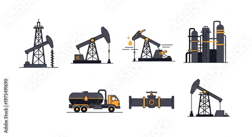 Oil and Gas Industry Icons - Extraction, Transportation, and Processing.