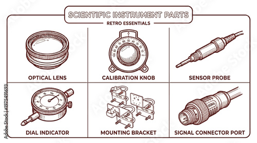 Scientific instrument parts including optical lens, calibration knob, sensor probe, dial indicator, mounting bracket, and signal connector port are shown in detailed illustrations.
