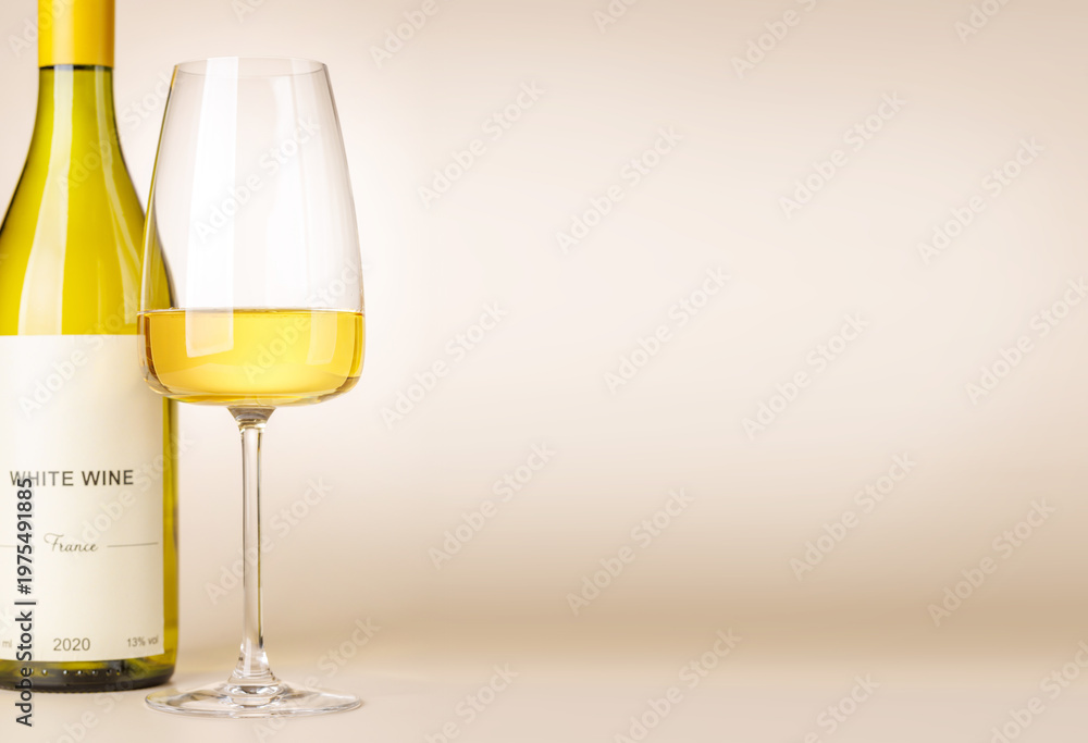 Fototapeta premium White wine bottle mockup with glass