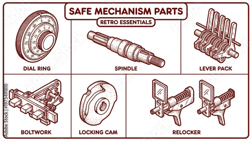 Mechanism parts including dial ring, spindle, and lever pack on a table.