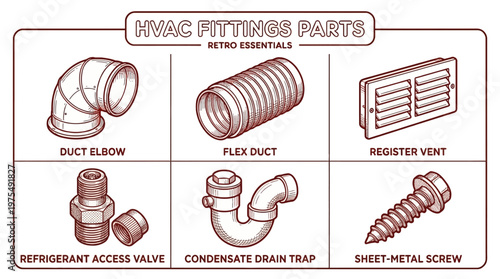 HVAC parts including duct elbow and fittings are shown in an illustration.