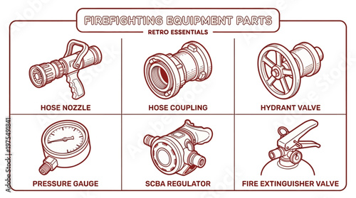 Firefighting equipment parts including hose nozzle, coupling, hydrant valve, pressure gauge, SCBA regulator, and extinguisher valve are shown.