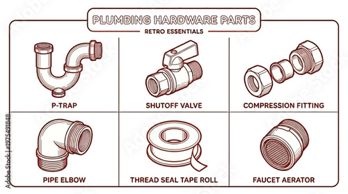 Plumbing hardware parts including p-trap, shutoff valve, and faucet aerator