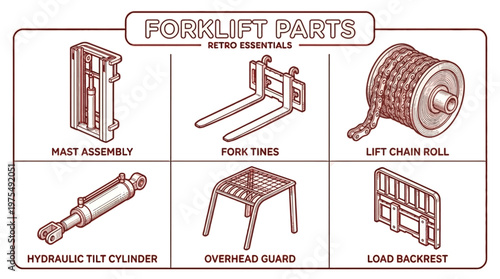 Forklift parts illustration including mast assembly, fork tines, lift chain roll, hydraulic tilt cylinder, overhead guard, and load backrest.