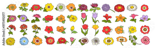 レトロで可愛らしい様々な花のグラフィック素材