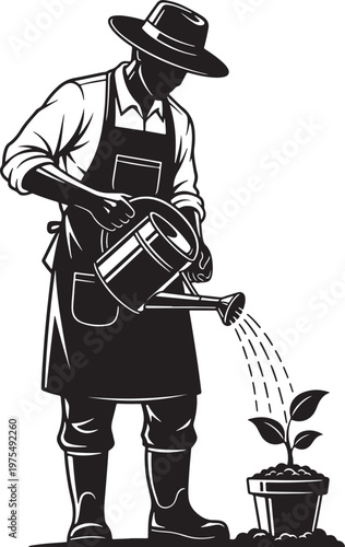Vintage gardener silhouette vector, male farmer watering potted plant with watering can, black and white horticulture illustration for gardening and agriculture