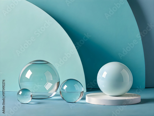 A group of glass balls on a green background