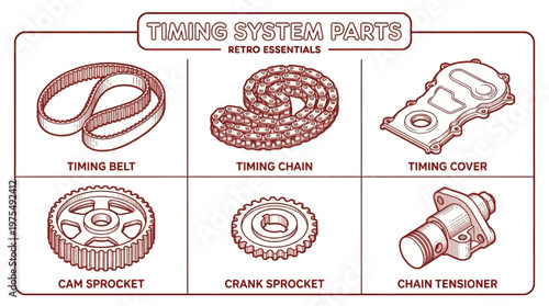 A detailed illustration of timing system parts including belt, chain, cover, cam sprocket, crank sprocket, and chain tensioner on a white background.