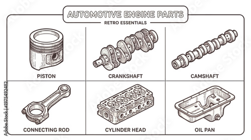 Automotive engine parts illustrated in a detailed diagram showcasing piston crankshaft camshaft