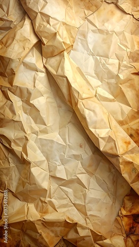 Crumpled aged paper with deep folds and varied tonal gradients