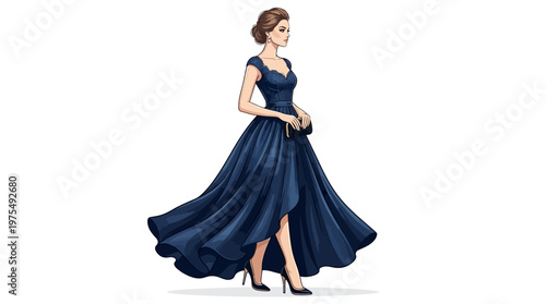 Woman Wearing Blue Evening Formal Gown.