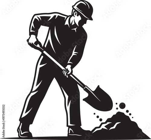 Vintage construction worker silhouette digging with shovel, manual laborer in hard hat working, retro woodcut style builder vector illustration