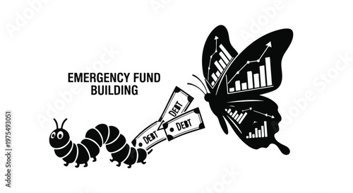 Saving money concept with butterfly and emergency fund building