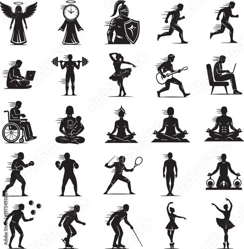 Black silhouette icons of people in motion, set of 25 human activity vector elements, diverse lifestyle and sports character symbols for infographic design