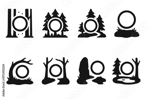 Mystical Forest Portals. Forest portal icons. Filled icon set of forest portal icons: glowing ring by tall