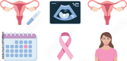 Gynecological icons represent the female reproductive system, pregnancy test, ultrasound scan, monthly calendar, pink awareness ribbon, and a young woman for women health and medical awareness.