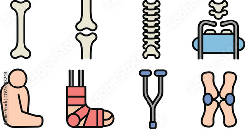 Medical icons depict a human bone, skeletal joint, spinal column, pelvic implant, seated patient, foot in a cast, crutches, and knee anatomy for orthopedic and surgical patient information documents.