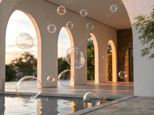 A serene scene with bubbles floating over a pool