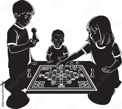 Black and white silhouette of children playing board game, group of kids enjoying tabletop gaming, childhood leisure activity vector illustration