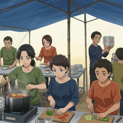 Diverse group of people working together preparing food in an outdoor kitchen setup, cooking