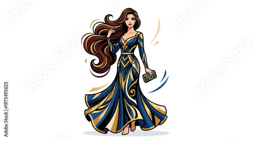 Woman Wearing Blue Gold Dress.