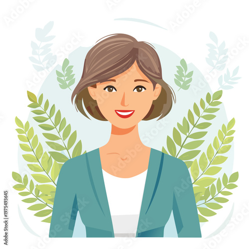 Smiling woman portrait with green leaves and background vector illustration
