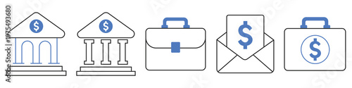 Financial Icons: Minimalistic icons of essential financial elements – bank, briefcase, envelope, money, and building – offer a clean visual for financial concepts.