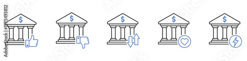 Banking Icons: A collection of conceptual icons representing banking, money management, and financial services. Each icon portrays a building with a dollar symbol.