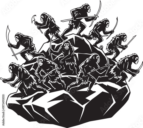 Primitive ape warriors with prehistoric weapons on rock, ancient monkey soldier army vector, black and white tribal primate battle scene