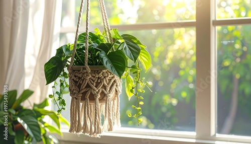 A serene indoor scene with a macrame plant hanger near a sunny window