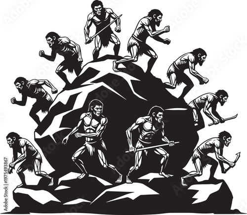 Primitive cavemen tribe on rocky mountain vector, prehistoric human evolution concept, ancient stone age hunters with tools and spears