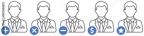 Team of business professionals: A collection of stylized silhouette business individuals, each distinguished by a different symbol indicating varying tasks or attributes in business.