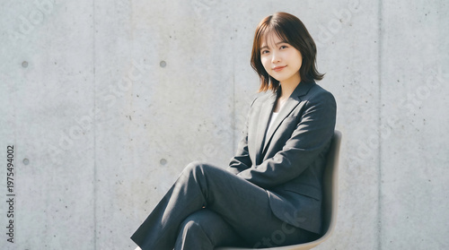 Smiling businesswoman in a suit sitting in front of a concrete wall, professional