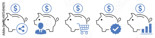 Piggy Bank Icons: A set of financial icons in the shape of piggy banks, each representing a different aspect of money management, savings, and investment.