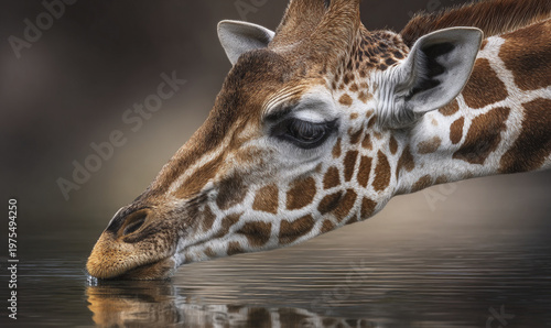 A giraffe bends down to drink from a peaceful body of water