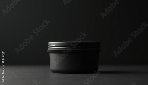 Minimalist Black Metal Container with Screw Top Lid on Dark Textured Surface with Subtle Lighting Accentuating Product