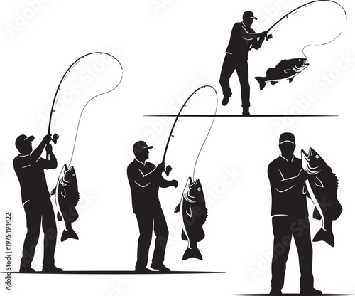 Fishing silhouette vector set, fisherman catching large bass fish with rod and reel, black and white angling sport graphics for logos and decals