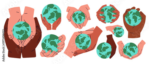 Flat vector illustration of diverse hands holding the Earth globe. Ideal for Earth Day, climate awareness, social campaigns, and educational materials. symbolizing diversity, inclusion, ecology