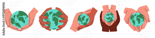 Flat vector illustration of diverse hands holding the Earth globe. Ideal for Earth Day, climate awareness, social campaigns, and educational materials. symbolizing diversity, inclusion, ecology