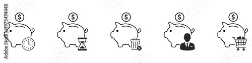 Piggy Bank Concepts: a series of illustrative icons presenting diverse aspects of financial management