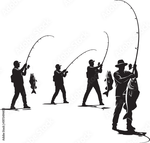 Fishing silhouette vector set, group of fishermen with rods and caught fish, black and white angling hobby illustrations for outdoor sports design