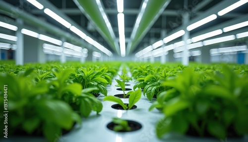 Rows of vibrant green leafy plants growing indoors under bright overhead LED lights in a modern hydroponic farm
