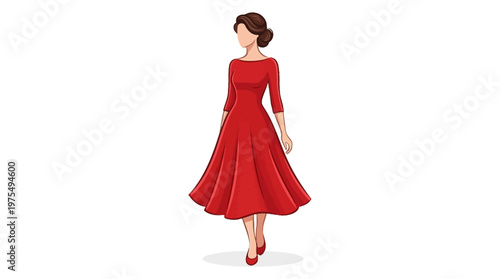 Woman Wearing Red Dress Walking Alone.