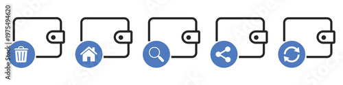 Financial Digital Icons: A series of sleek, modern icons representing the core functions of digital wallets. This set includes an icon for deleting, home, search, sharing.