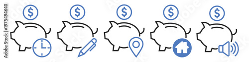  Piggy Bank Icons: A set of minimalistic icons of piggy banks, symbolizing financial concepts such as time, edit, location, home, and sound.