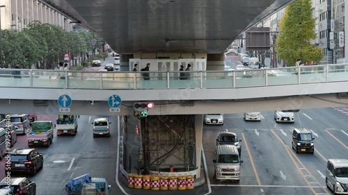 Tokyo Scene : Busy Urban Arterial Road with Pedestrian Overpasses Above and Elevated Highways Running Higher, Creating a Multi-Layered Urbanscape | Shibuya Station West, Shibuya, Tokyo, Japan