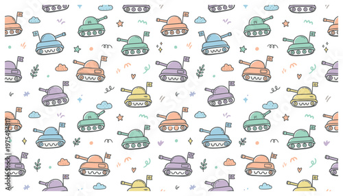Colorful cartoon tanks and shapes pattern.