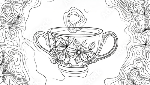 Elegant floral teacup illustration with steam rising, artistic design.