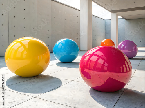 A group of colorful balls sitting on a white floor