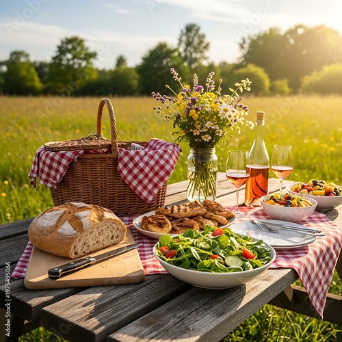 Beautiful Summer Picnic Table Setup in a Grassy Meadow at Sunset.